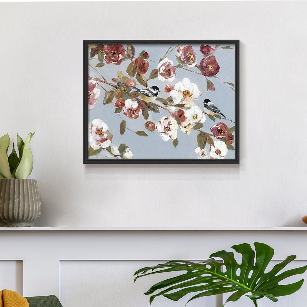 Chickadees and Blossoms II by Sally Swatland - Restickable Framed Giclée Print