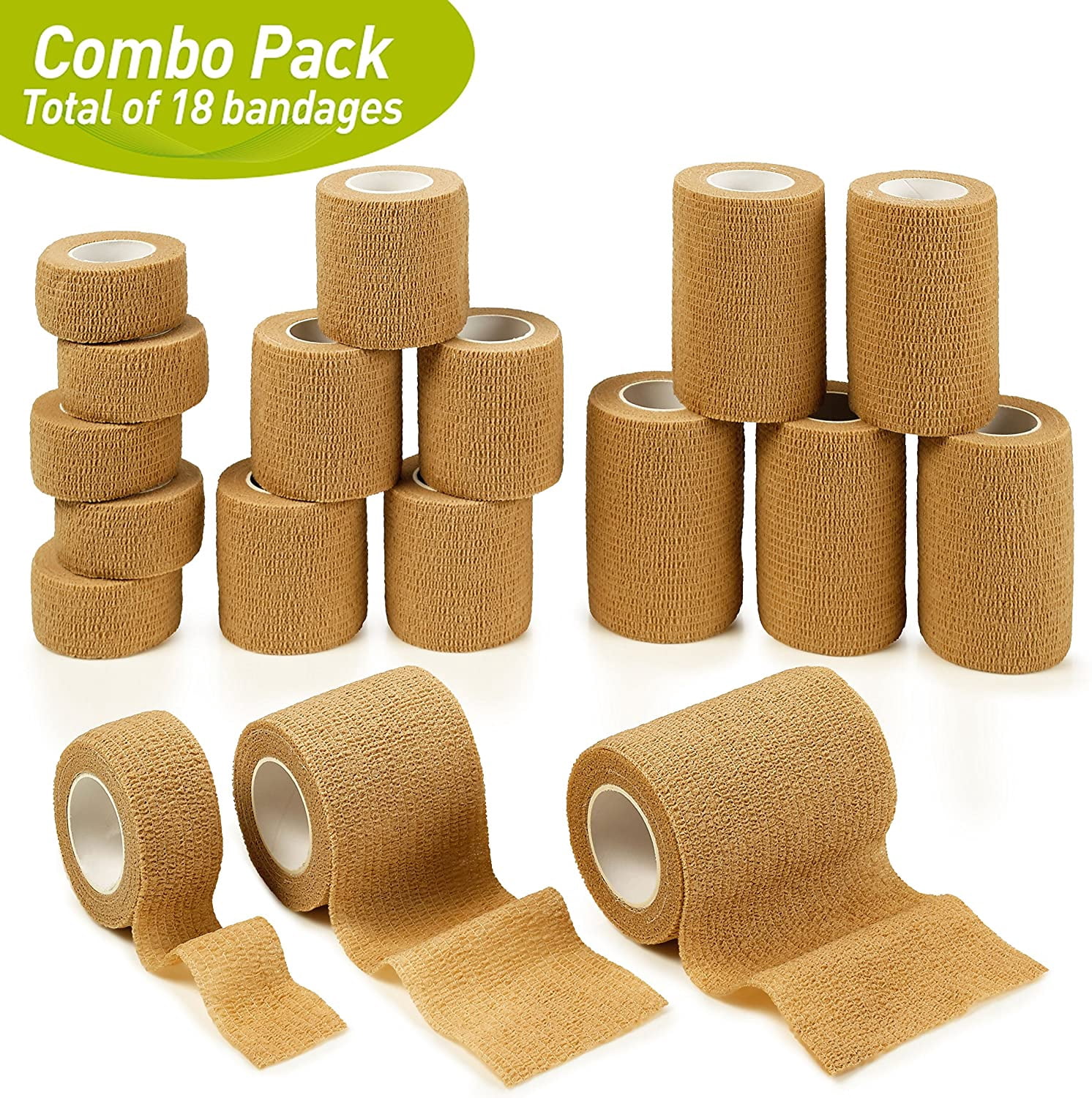 MEDca Self-Adhesive Cohesive Bandage Wrap, 1"-3" x 5 Yards, 18 Count, 3 Sizes