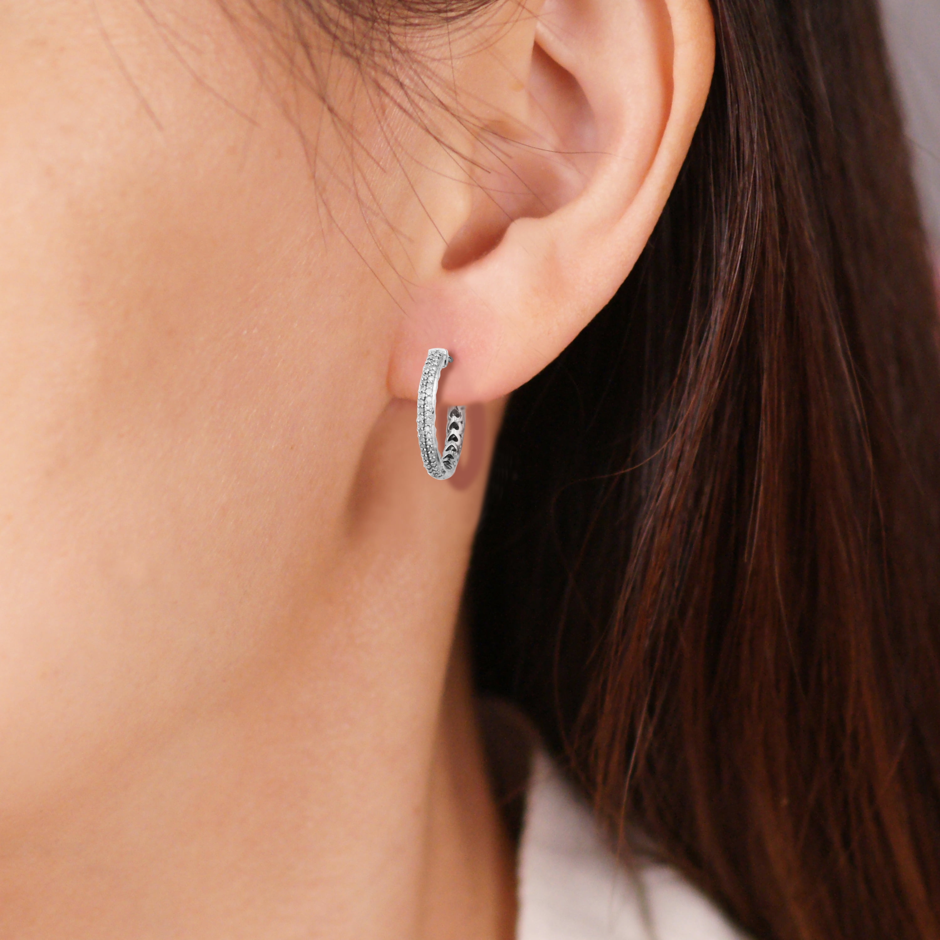 Forever Facets 1/4 cttw Diamond Pave Hinged Hoop Earrings in Rhodium over Sterling Silver, Adult Female