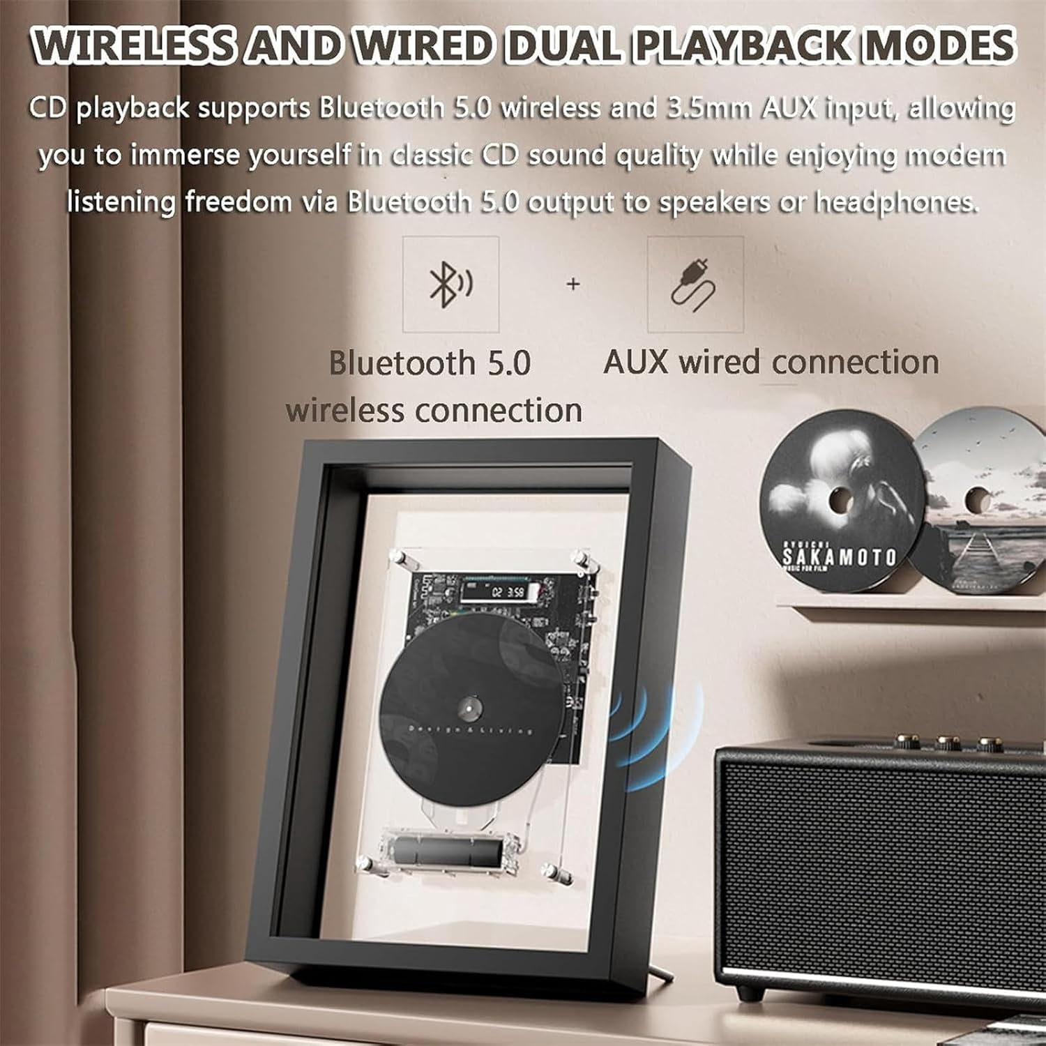 Wall Mounted CD Player, Music Frame CD Player, W/Remote Control, 5.0 Bluetooth/3.5mm AUX Output, Without Speakers, Home/Corridor/Office/Wall Decor,Black