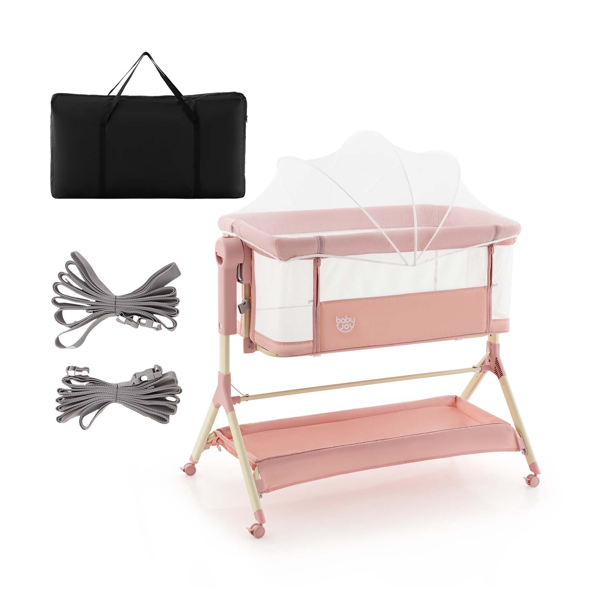 Costway Height Adjustable Bedside Sleeper Baby Crib with Storage Bag Pink