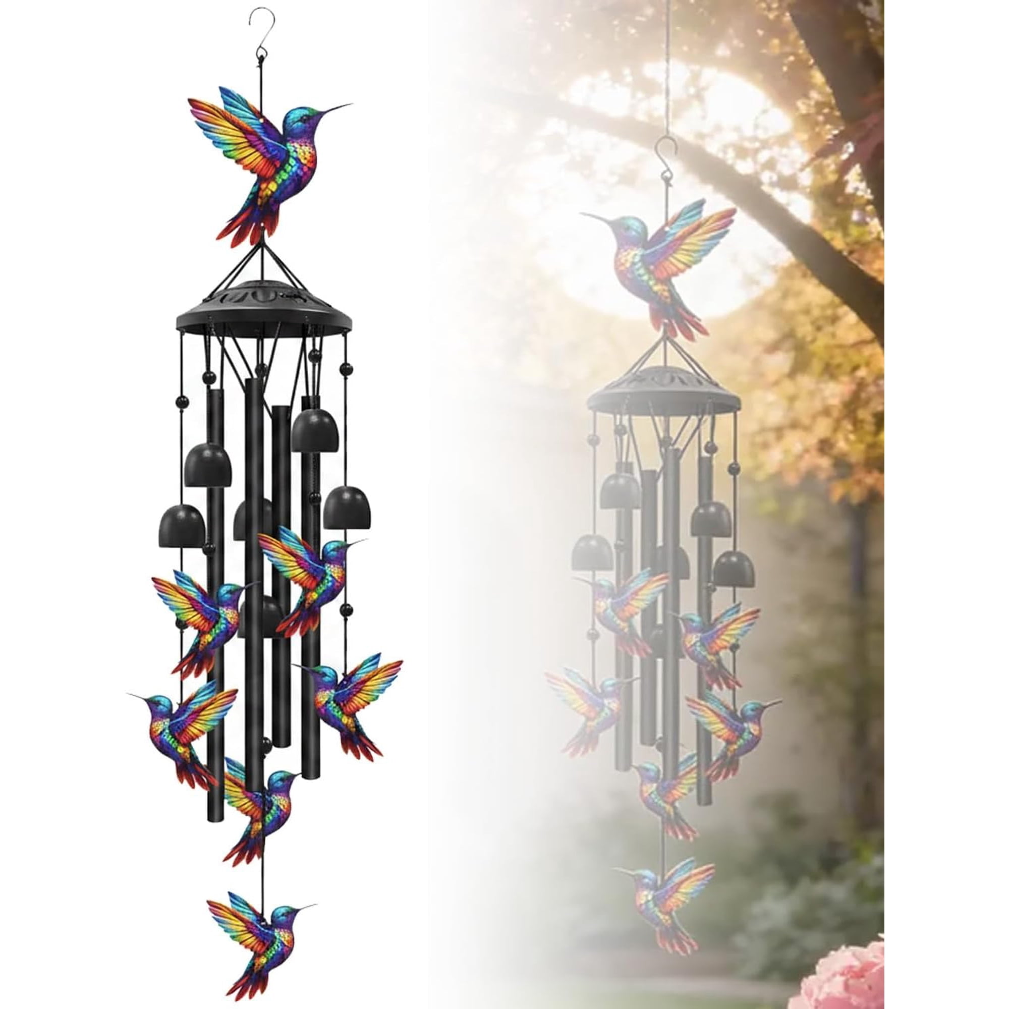 Vintage Colorful Hummingbird Wind Chime with Metal Tubes and Bells Gentle Tone Outdoor Garden Decor for Yard Patio Porch Memorial Gift and Colorful Home Accent(Hummingbird)
