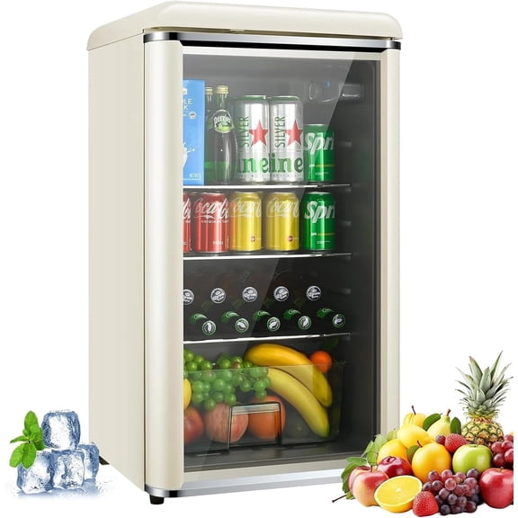 GGTB 4.0 Cu.ft Retro Beverage Refrigerator with Double Glass Door, 160-Can Mini Fridge, Adjustable Shelves for Kitchen Bar Dorm, Cream