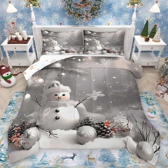 Homewish Grey White Snowman Bedding Comforter Set, Dreamy Christmas Snowflake Twin Comforter Sets, Teens Kids Boys Girls Reversible Bedding Set, Super Cozy Room Decor, 2 Pieces