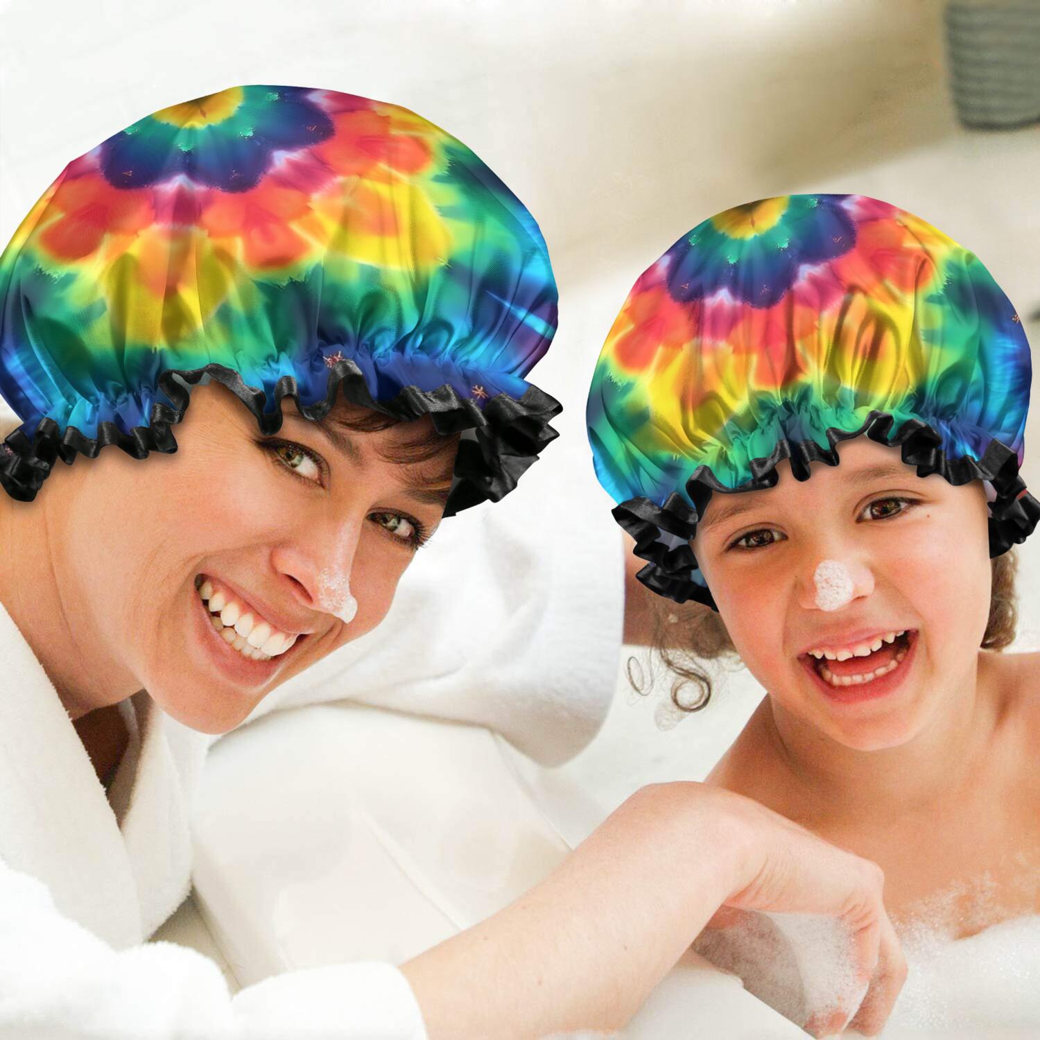 Shower Caps,Colorful Rainbow Tie Dye Spiral Pattern Waterproof Shower Cap for Women 4 Pieces,Double Reusable Hair Cover for Shower PEVA Elastic Stretch Hem