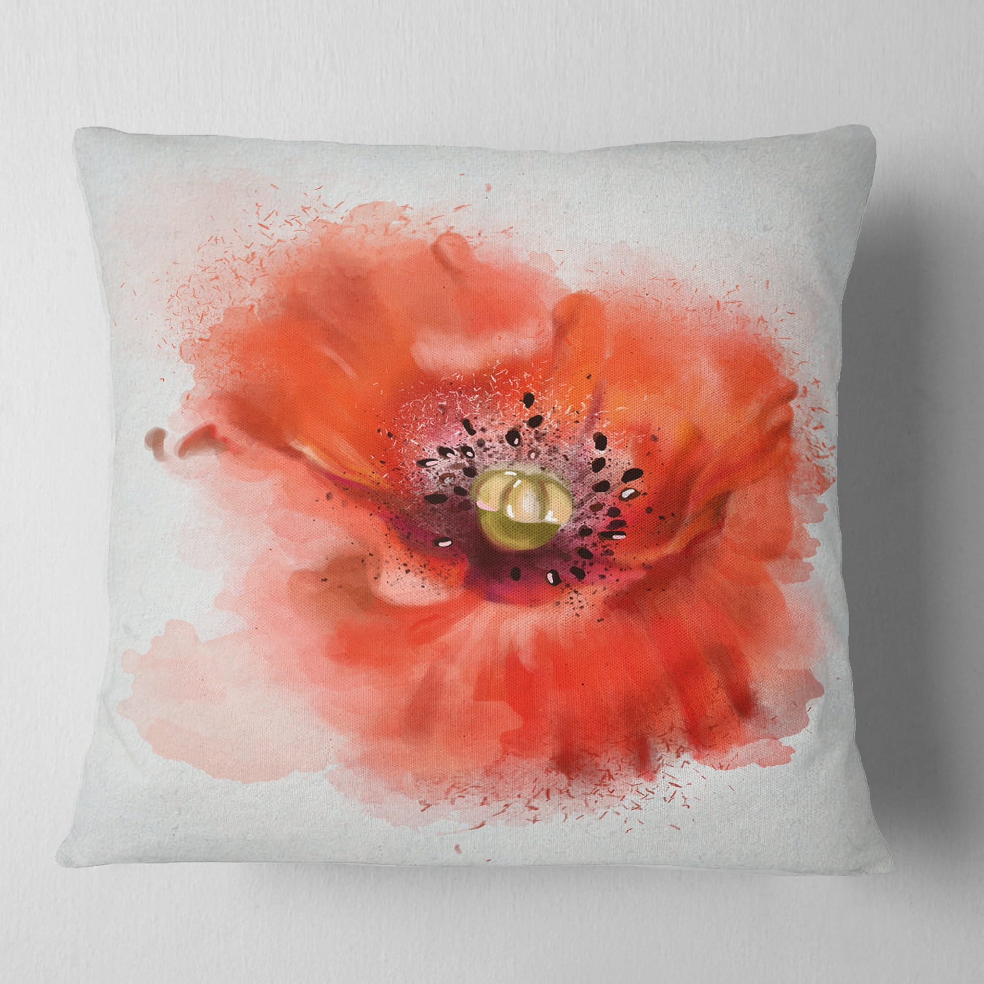 Designart Stylish Red Watercolor Poppy Flower - Floral Throw Pillow - 18x18
