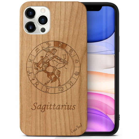 Case Yard Wooden Case Outside Soft TPU Silicone, Slim Fit Shockproof Wood Protective Phone Cover for Girls Boys Men and Women, Supports Wireless Charging Sagittarius Sign Design case for iPhone-11-Pro