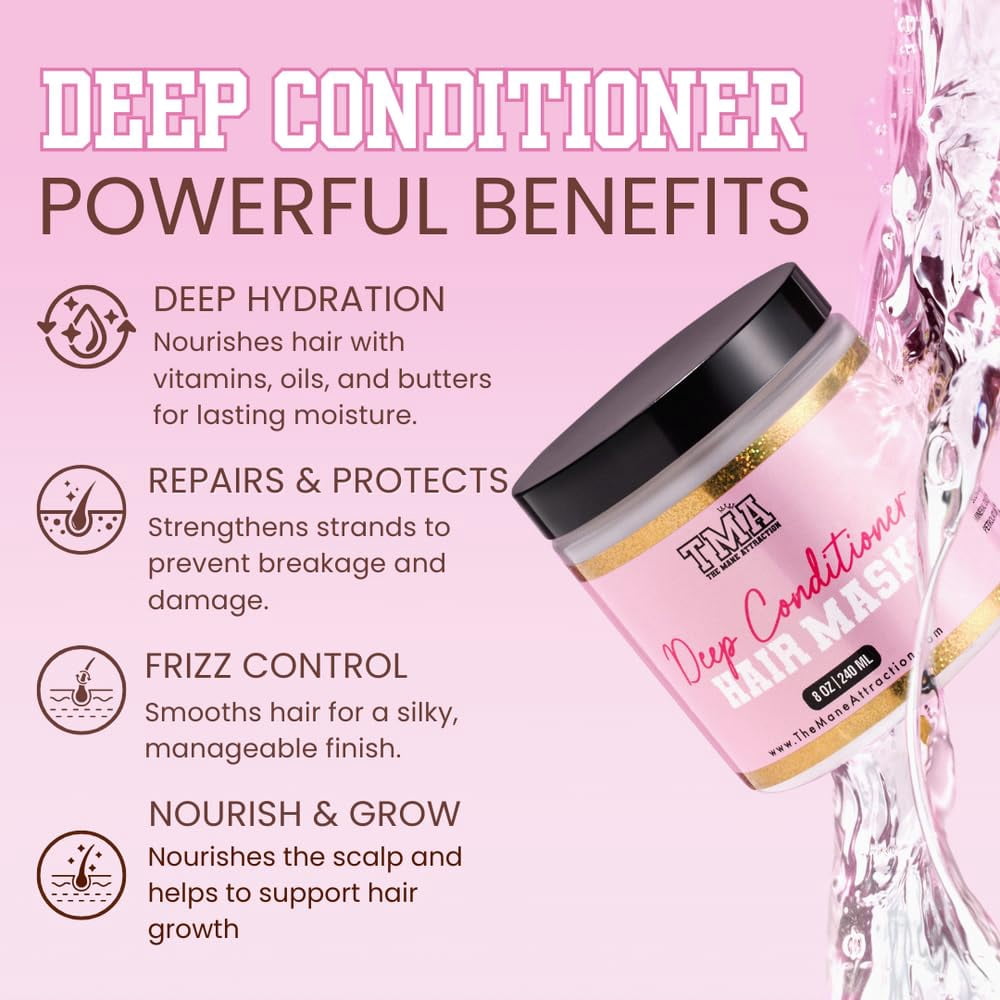 The Mane Attraction Deep Conditioning Hair Mask – Intensive Moisture & Repair Treatment for Dry, Damaged & Curly Hair – Shea Butter, Aloe & Castor Oil – Frizz Control – Silicone Free – 8oz