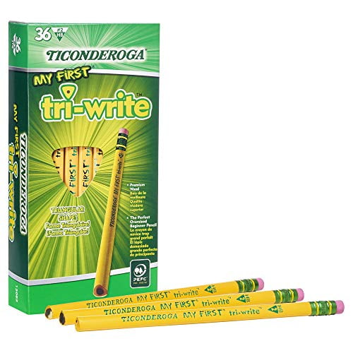 TICONDEROGA My First Tri-Write Pencils with Eraser, Primary Size Wood-Cased #2 HB Soft, Yellow, 36-Pack (13082)