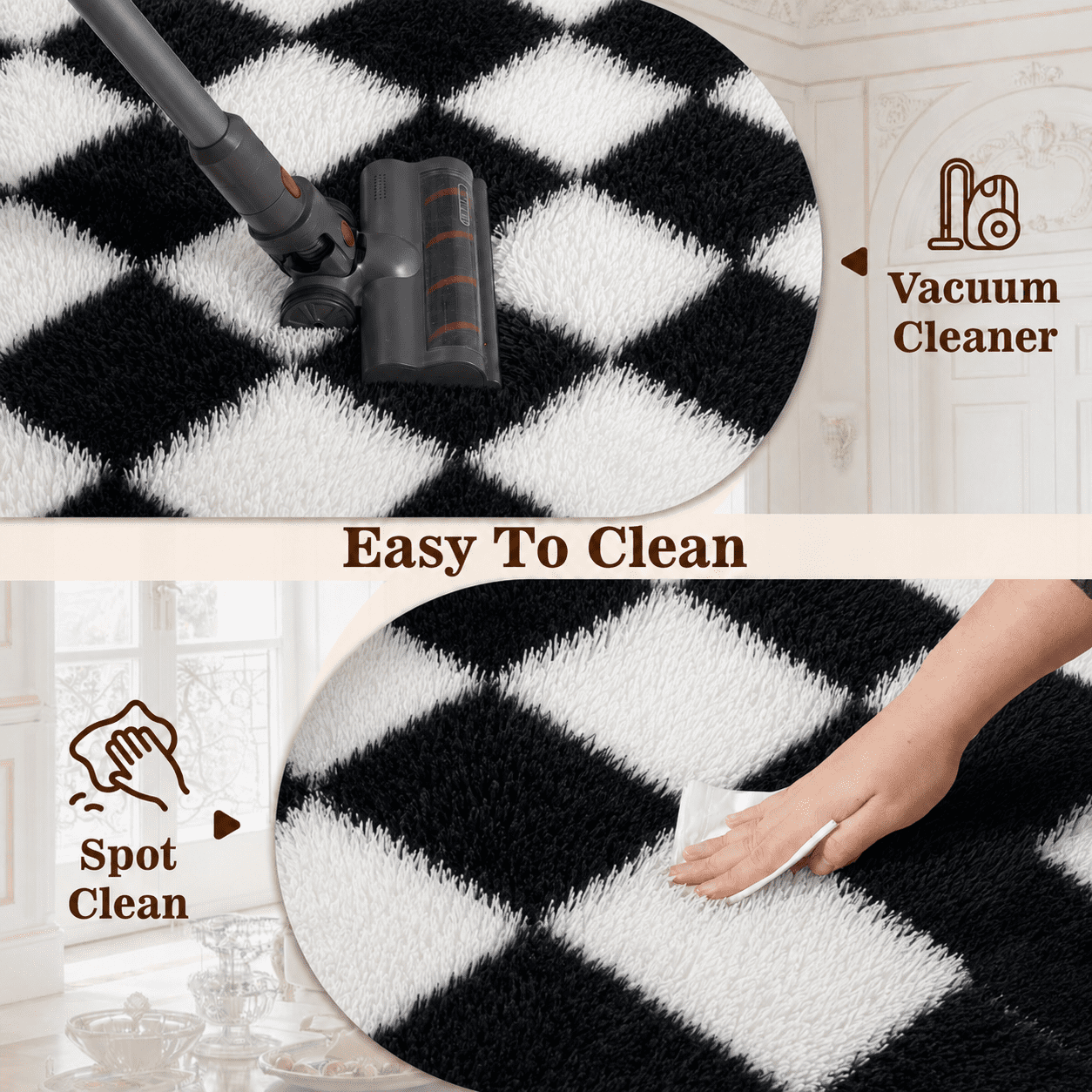 ZRSDIXK 8x10 Area Rugs for Living Room, Soft Fluffy Bedroom Rugs, Checkered Carpet, Black & White
