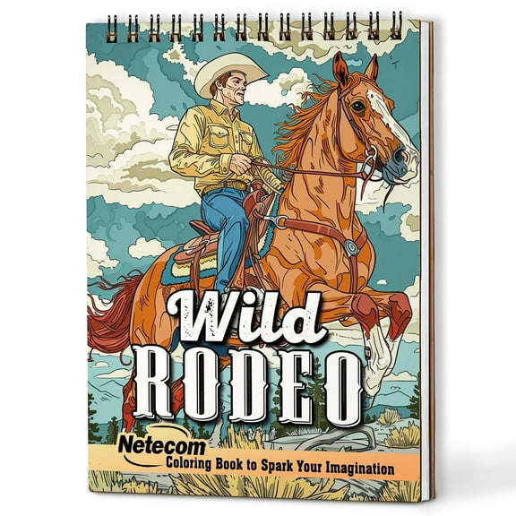 Netecom Wild Rodeo Coloring Book for Adults, A5 Wooden Cover, Spiral Bound, 30 Wild West Coloring Pages of Cowboy Rodeo Adventure for Stress Relief and Relaxation