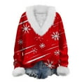 thumbnail image 2 of Aboser Womens Red Christmas Ribbed Sweaters Faux Fur Trim Jumper Tops Trendy Xmas Snowflake Printed Shirts Loose Long Sleeve Sweater Comfy V Neck Pullover, 2 of 4