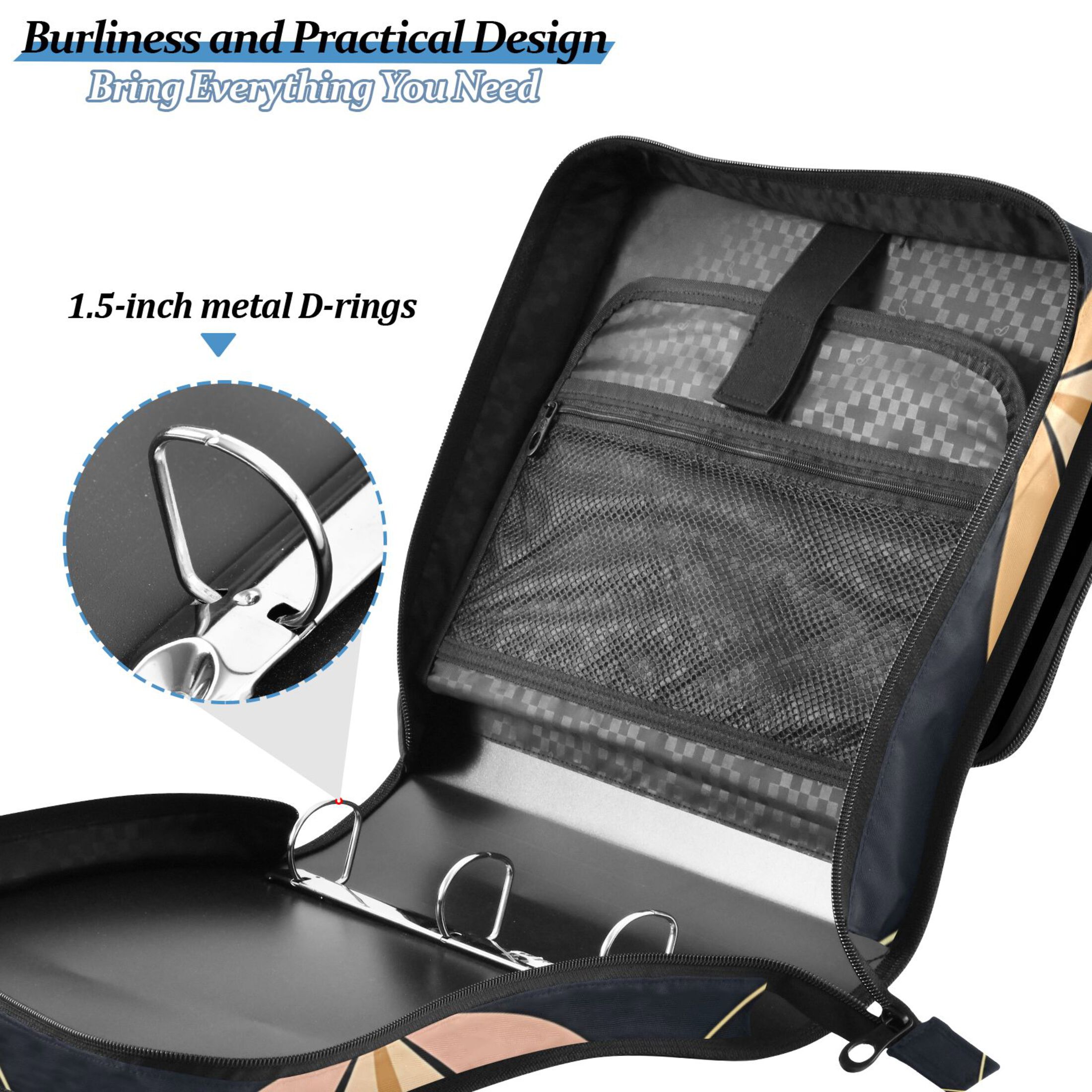 3 Ring Zipper Binder with Shoulder Strap Waterproof Trapper Keeper 1.5 Inch D-Ring 500 Sheets Capacity Elegant Geometric Shapes