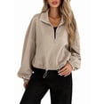 thumbnail image 2 of Women Casual Stand Collar Zip Up Fashion Hem Drawstring Pocket Loose Baseball Jacket with Pockets Khaki M, 2 of 9