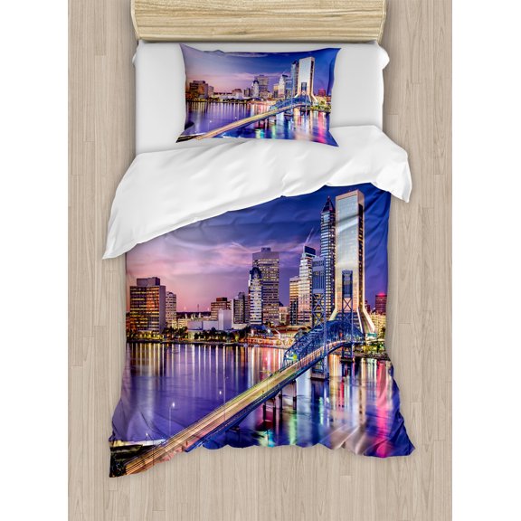 United States Duvet Cover Set, Jacksonville Florida Skyline Vibrant Night St. Johns River Scenic, Decorative 2 Piece Bedding Set with 1 Pillow Shams, Twin Size, Royal Blue Pale Pink, by Ambesonne
