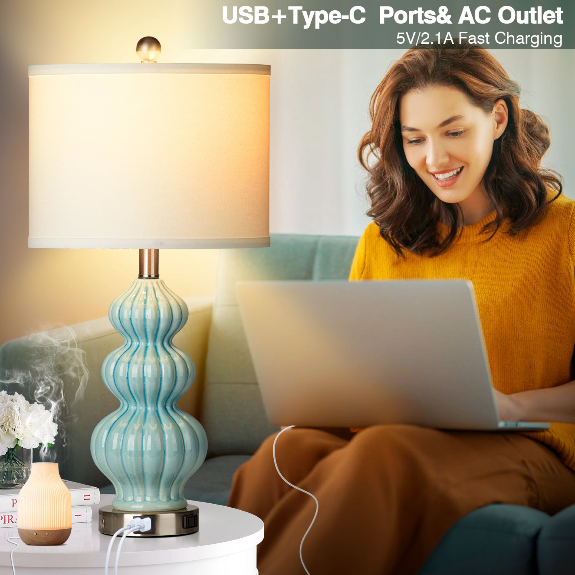 Cinkeda Triple Gourd Ceramic Table Lamp Set of 2 with USB A+C Ports AC Outlet for Bedroom Living Room Modern Blue 3 Way Dimmable Touch Control Bedside Nightstand Lamps