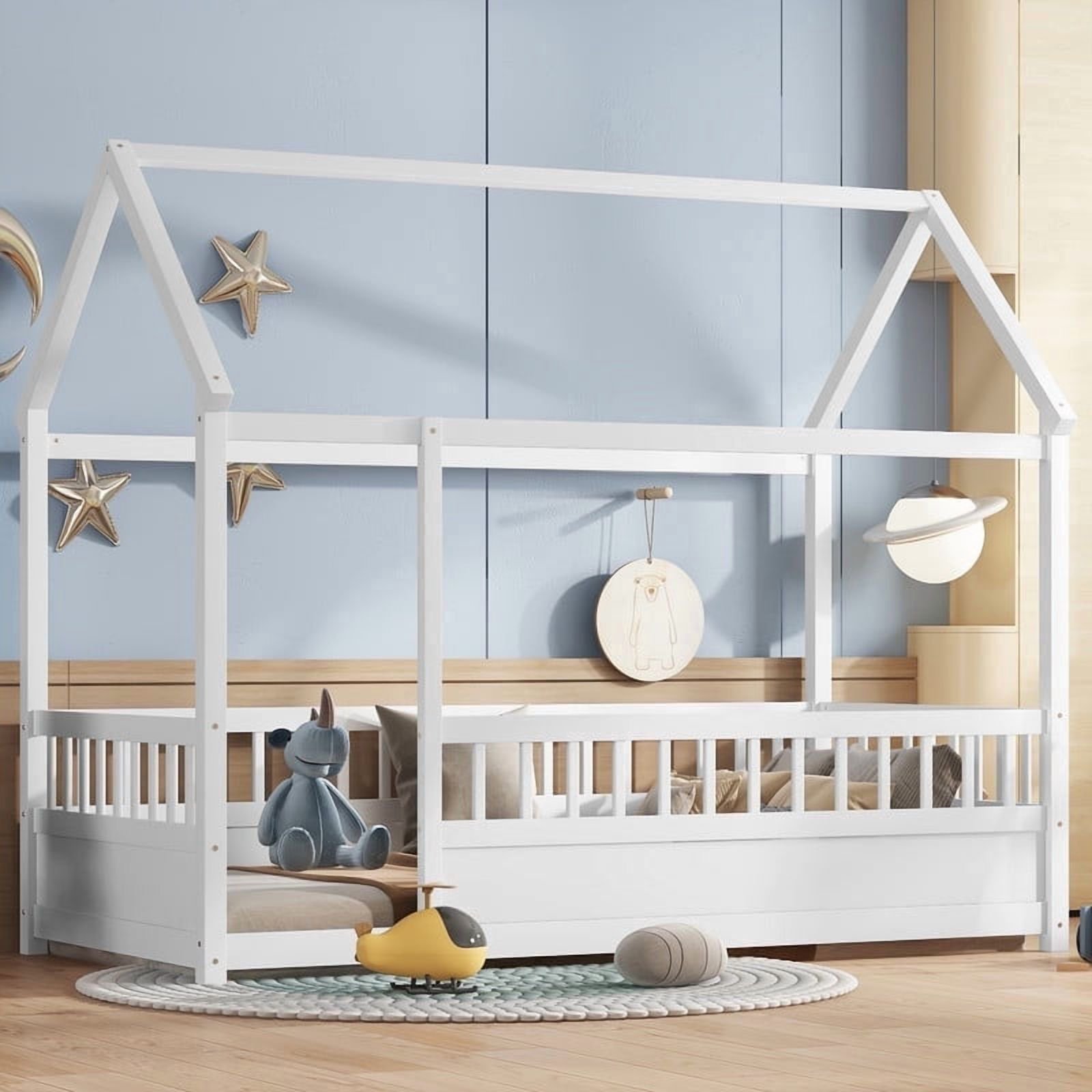 Bellemave Twin Size Montessori Bed, Wood Twin House Beds with Fence, Floor Bed with Roof for Bedroom Playroom（White）
