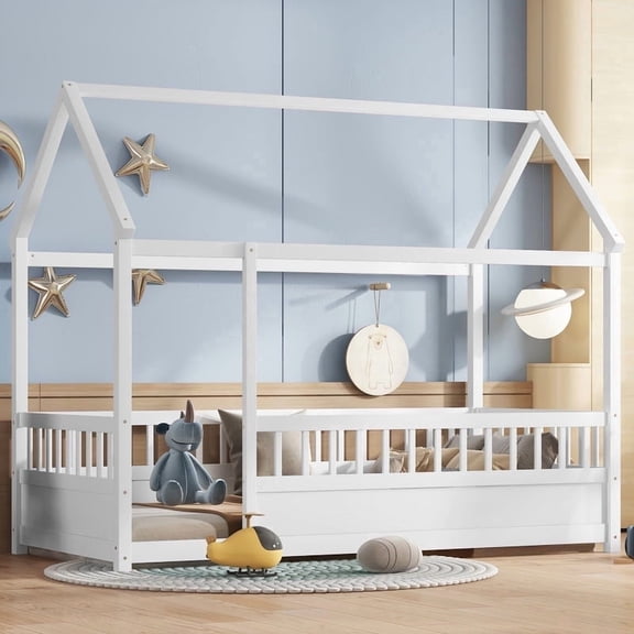 Bellemave Twin Size Montessori Bed, Wood Twin House Beds with Fence, Floor Bed with Roof for Bedroom Playroom(White)