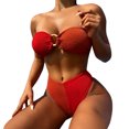 thumbnail image 6 of Yuanlook Women's Bandeau Bikini O Ring Strapless Tie Back Textured High Cut Two Piece Swimsuit Bathing Suits,Red,L, 6 of 9