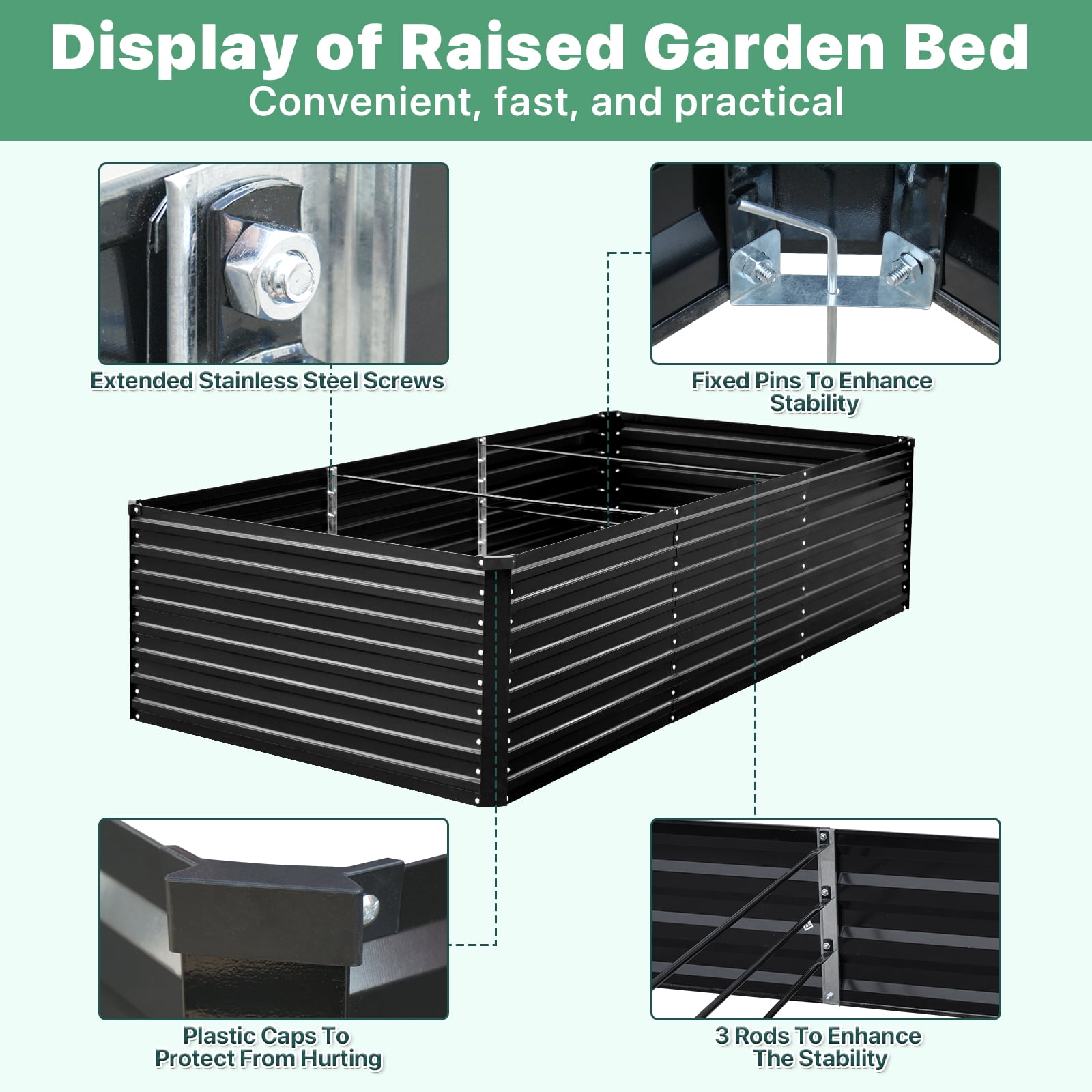AMOBRO 8x4x2ft Outdoor Metal Raised Garden Bed Planter Box for Vegetables, Flowers, Herbs w/ 3 Tomato Cages Black