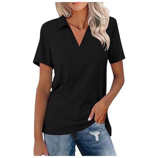 Women's Short Sleeve V-Neck Summer Tops Casual Work Basic Tees - Polyester/Spandex, Slim Fit, Lapel Design, Perfect for Office/Daily Wear