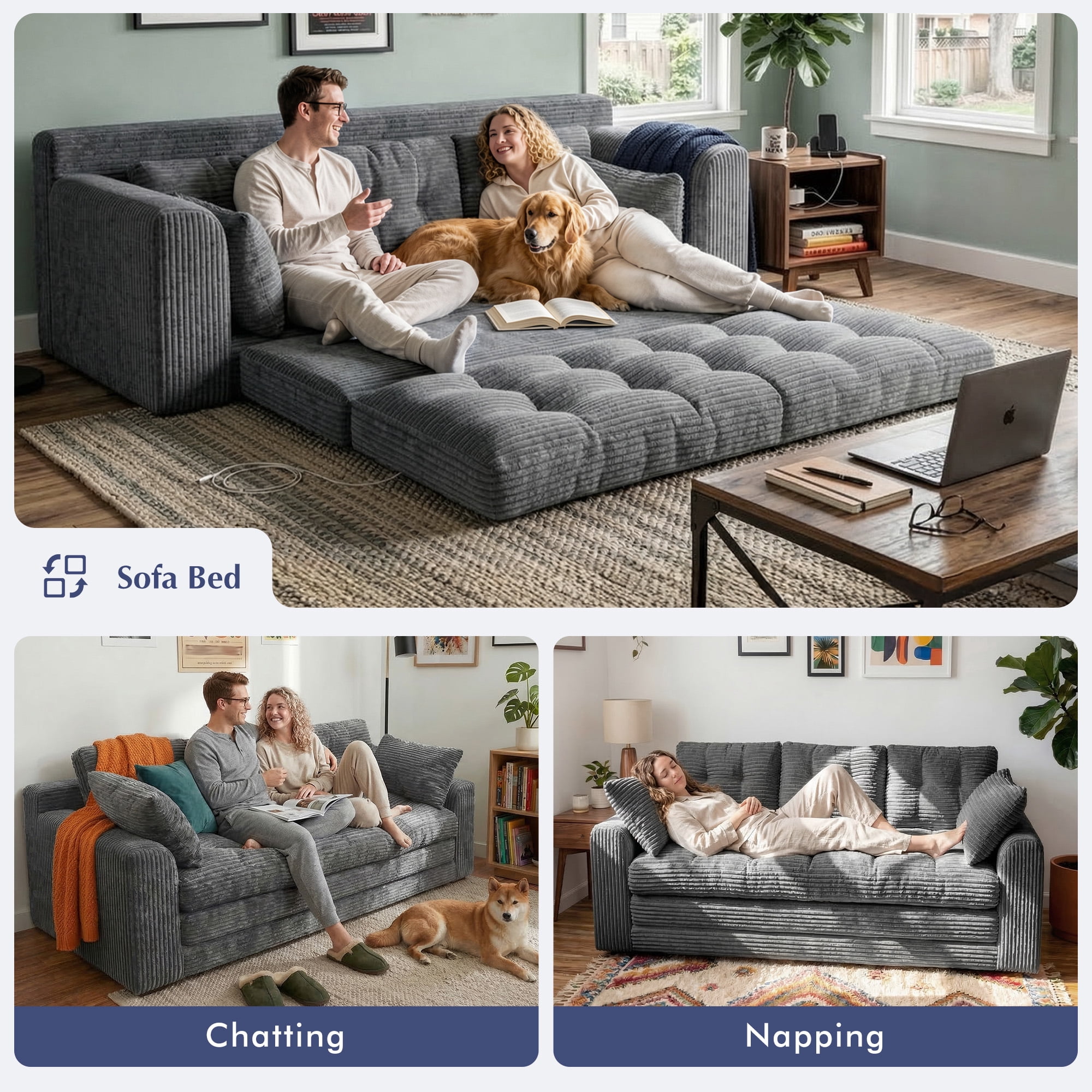 EnHomee 74.8" Foldable Sofa for Adult 3 Seater Sofa Bed Couch with Deep Seat Adjustable Floor Sofa Couch with 5 Pillows,Grey