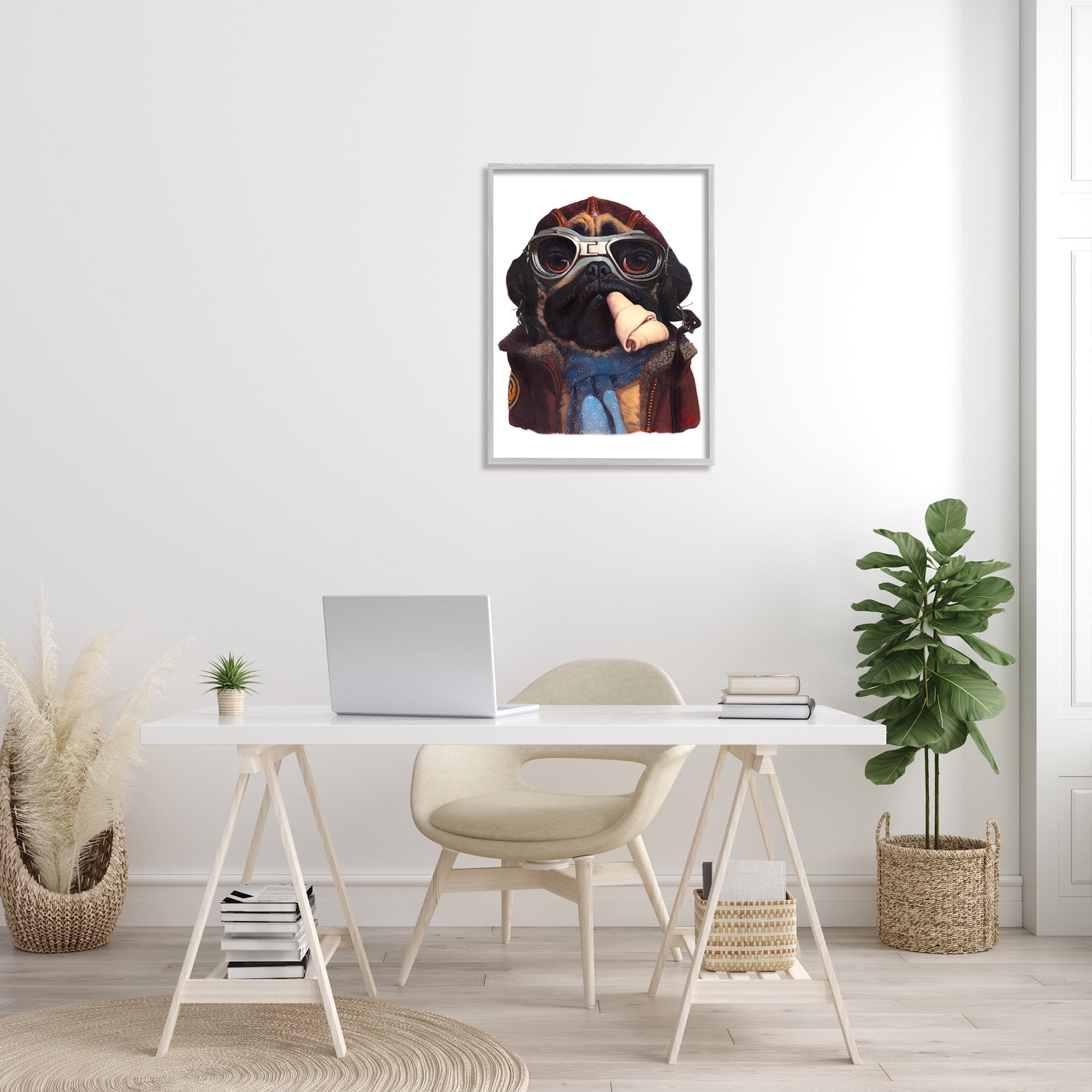 Stupell Industries Air Pilot Pug Vintage Pet Fashion Dog Bone Animals & Insects Painting Gray Framed Art Print Wall Art, 24 x 30