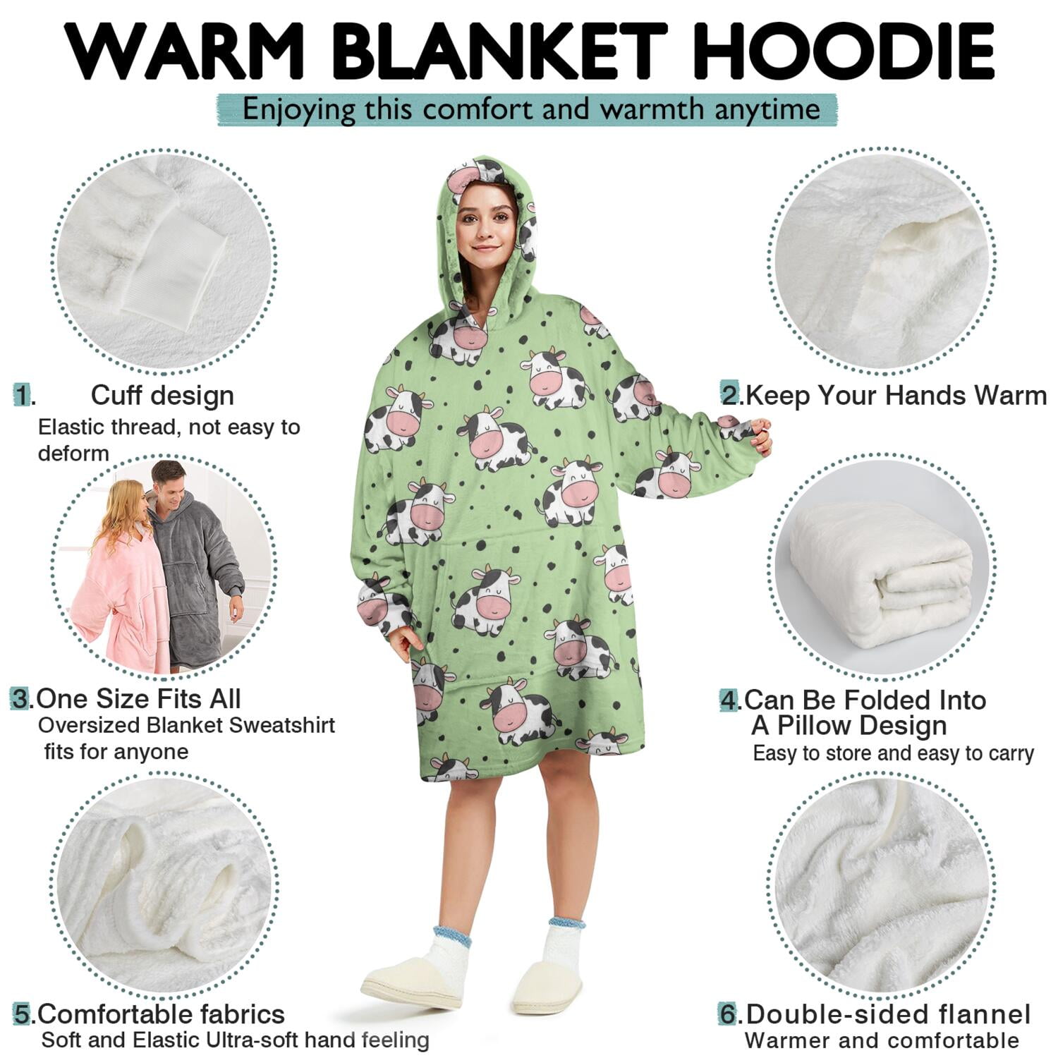 Wearable Oversized Blanket,Green Cow Dot Pattern Wearable Blanket Hoodie for Adults,Cozy Hooded Blankets with Super Pockets,Super Warm Fuzzy Pullover for Women & Men