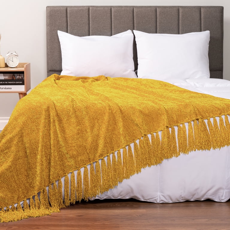 Pavilia Chenille Knit Throw Blanket with Tassels, Yellow photo 4
