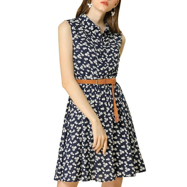 INSPIRE CHIC Robe Sans Manches à Imprimé Floral Demi-Patte Longueur Genou Printemps Ceinturée S Bleu Foncé-Blanc Floral