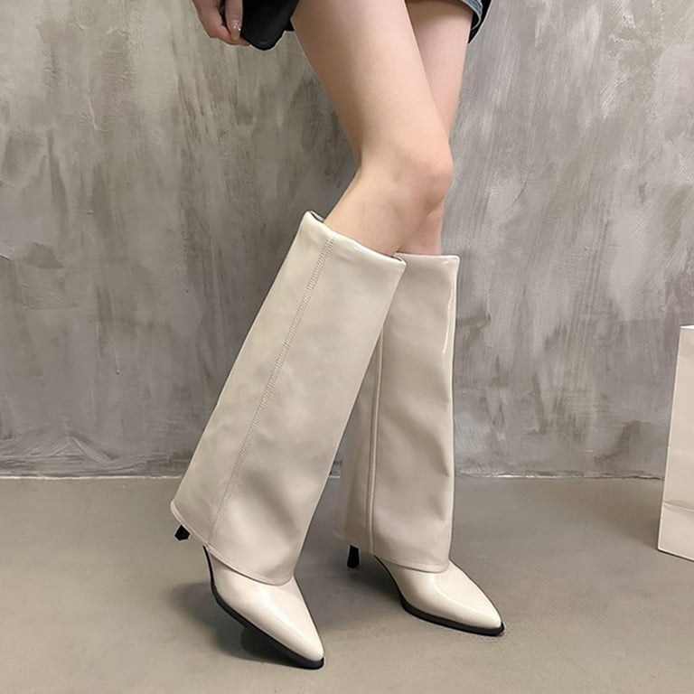 Beige Fashionable Women'S Boots With A Fold-Over Cuff And Sleek