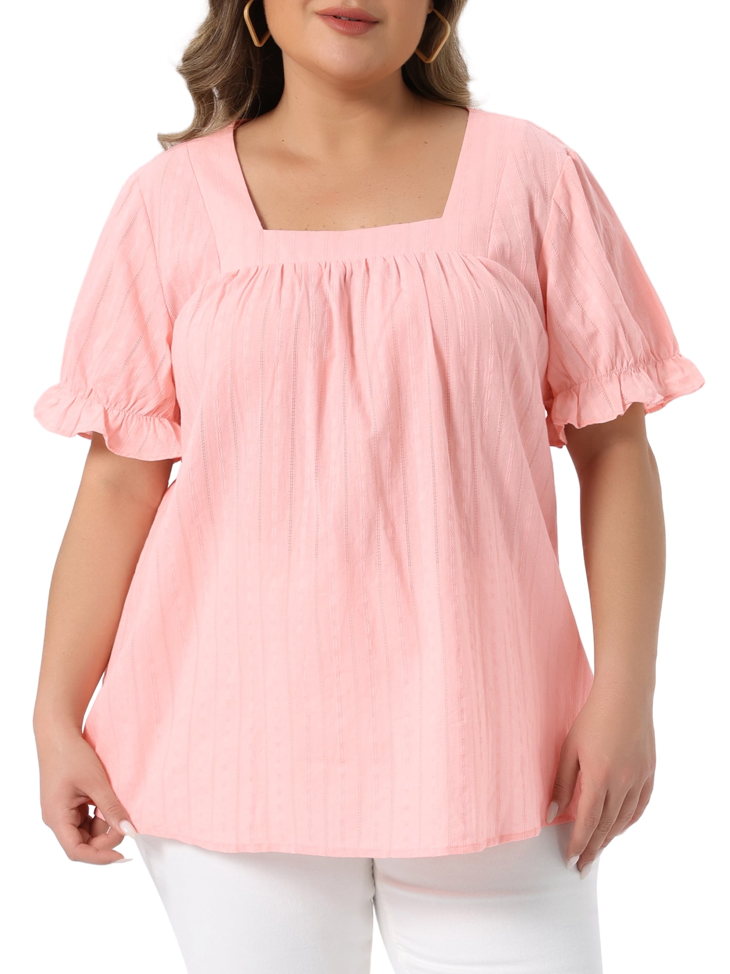 Women's Plus Women's Summer Top Casual Square Neck Ruffle Sleeve Blouse 4X Pink