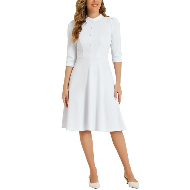 Vestido Vintage de Mujer INSPIRE CHIC con Mangas 3/4 y Cuello Alto, Vestido A-Line de Oficina, Talla S, Color Blanco