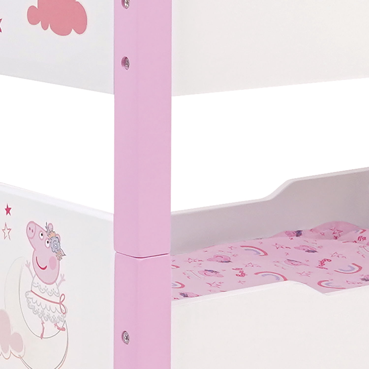 509 Crew: Peppa Pig - Wooden Doll Bunk Bed - Pink & White, Convertible to Single Beds, Blankets & Pillows, Doll & Plush Sleep Accessory Toy, Kids 3+