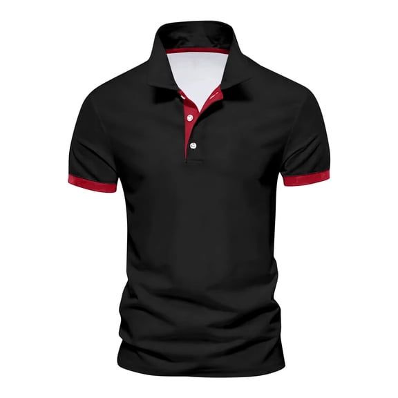 Yifymode Men's Slim Fit Short Sleeve Polo Shirt, Contrast Collar Button Placket Soft Knit Casual Top Black L