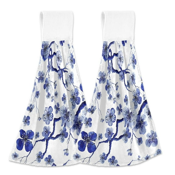 Flowes Floral Blue 2pcs Loop Hanging Bathroom Hand Towel Soft Dish Towel Absorbent Tie Towels for Kitchen Tea Bar Washcloth Toilet Decor