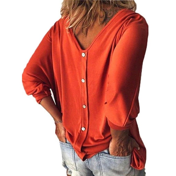 LAVA Womens Fashion Plus Size Tops V Neck 3/4 Sleeve T-shirts Button Down Shirts Blouses (Orange, XL)