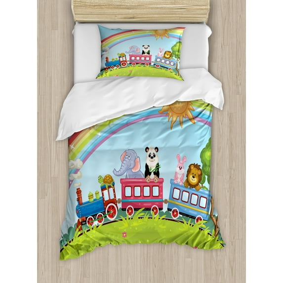 Zoo Duvet Cover Set Twin Size, Colorful Cartoon Animal Train Rainbow Sun Sky Mushrooms Flowers Tree Playful Funny, Decorative 2 Piece Bedding Set with 1 Pillow Sham, Multicolor, by Ambesonne