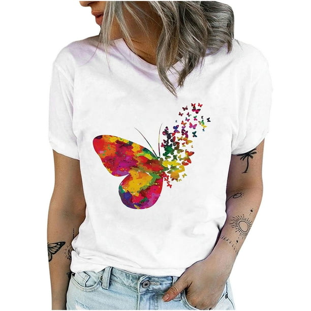 Camisetas con estampado de mariposa y cuello redondo para mujer camisetas estampadas camiseta de manga corta blusa tops fridja bn2178