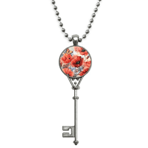 Colourful with Flowers Pendant Vintage Necklace Silver Key Jewelry