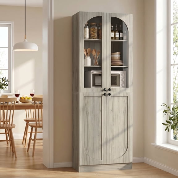 Homieasy 80'' Tall Pantry Storage Cabinet with Glass Doors, 6-Tier Floor Standing Cupboard with Adjustable Shelves for Kitchen, Dining Room, Wash Gray
