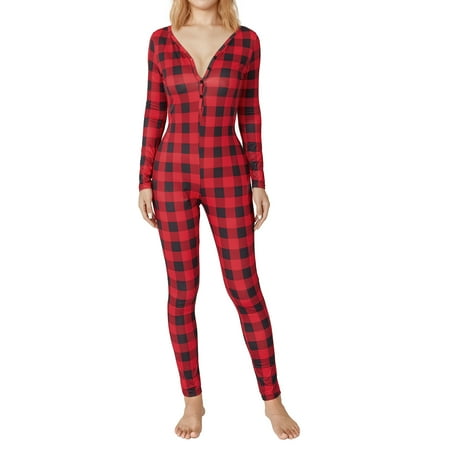 

Sunisery Women Christmas Rompers Plaid Jumpsuit Elastic Casual Long Sleeve Deep V-neck Buttons Sleepwear Homewear