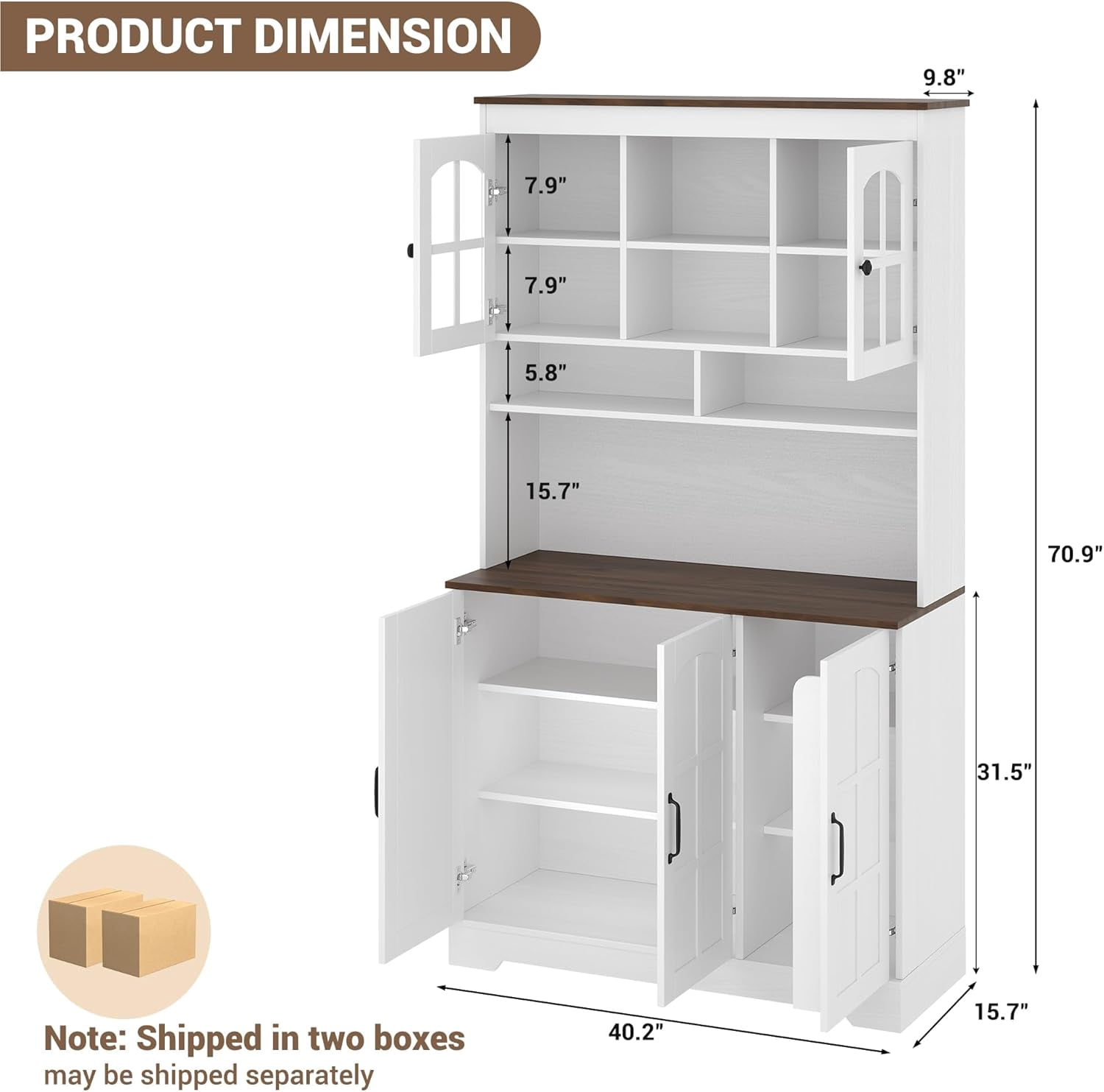 Pantry Cabinet with Charging Station, Tall Kitchen Pantry Storage Cabinet with Hutch,70.9 Inch Kitchen Cabinet with Glass Doors, for Dining Room