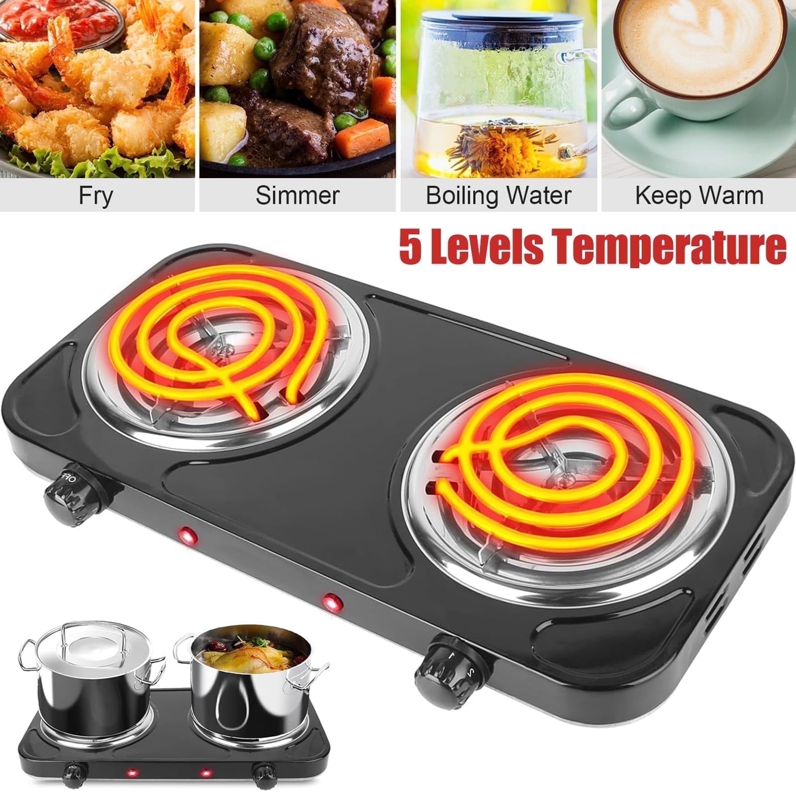 Hot Plate, Double Burner, 2000W Portable Electric Stove for Cooking with 5 Levels Adjustable Temperature & Dual Control, Countertop Double Coil Burner Cast Iron Cooktop for All Cookwares Home Camp RV