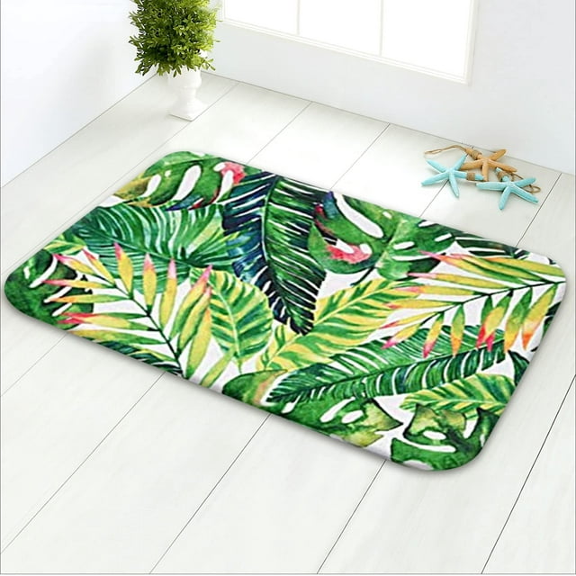 Leaf Bathroom Rugs,Green Leaves Bathroom Mat, Non Slip Ultra Soft and Water Absorbent Bathroom mats, Memory Foam Bathroom Rug, 24 x 16 Inches, Machine Washable Quick Dry