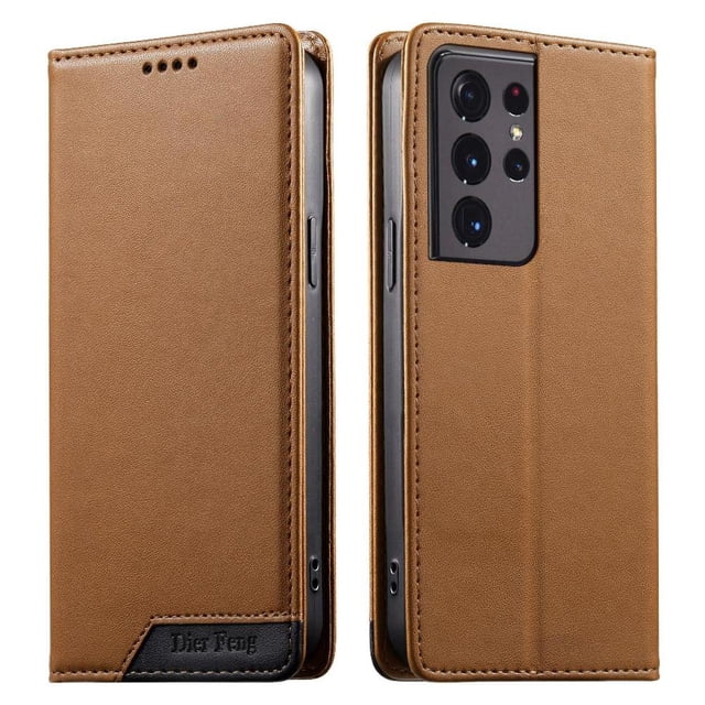 Funda Tipo Cartera de Cuero Sintético para Samsung Galaxy S21 Ultra Bloqueo RFID, con Ranuras para Tarjetas y Bolsillo para Efectivo, Cierre Magnético Fuerte Marrón