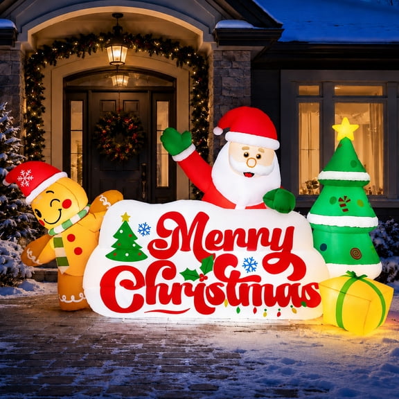 10ft Christmas Inflatables Outdoor Decorations, Merry Christmas Sign with Santa Gingerbread Christmas Tree, Built-in LEDs for Yard Lawn Garden