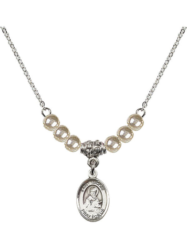 18-Inch Rhodium Plated Necklace with 4mm Faux-Pearl Beads and Sterling Silver Saint Isidore of Seville Charm.
