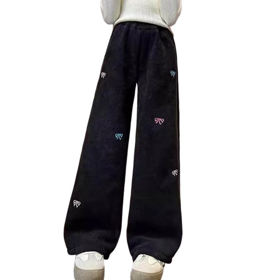 YAYUBA Girl's Corduroy Pants With Fleece Thickened Elastic Waist Sweatpants Wide Leg Casual Pants with Pockets Fitness Clothing, Pink, 5-6 Years