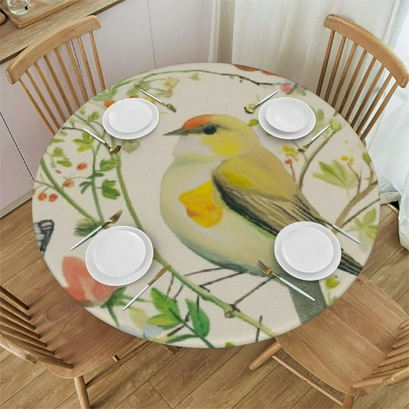 PHYHOO Birds Butterfly Round Tablecloth with Elastic Edge Table Cover Waterproof Wipeable Table Cloths for Picnic